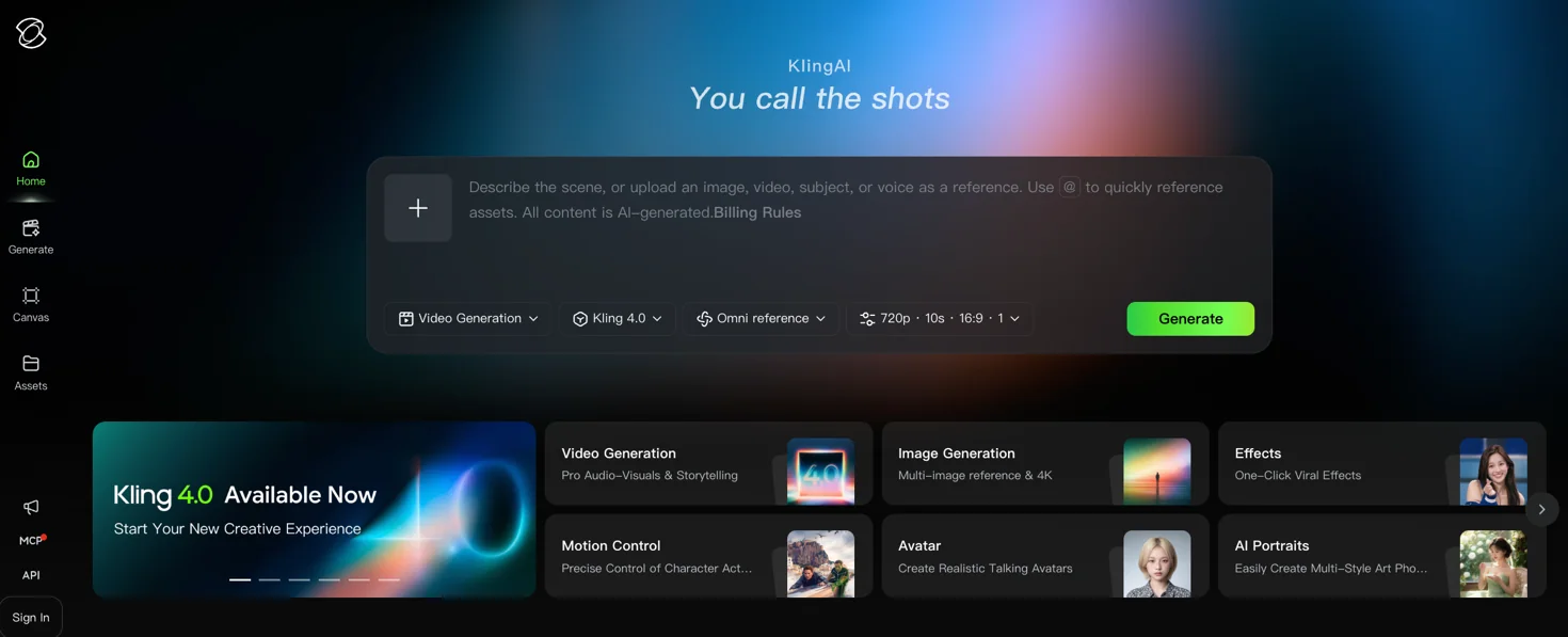 Kling AI interface with the headline "You call the shots", a generation panel set to Kling 4.0 and Omni reference, and a "Kling 4.0 Available Now" card