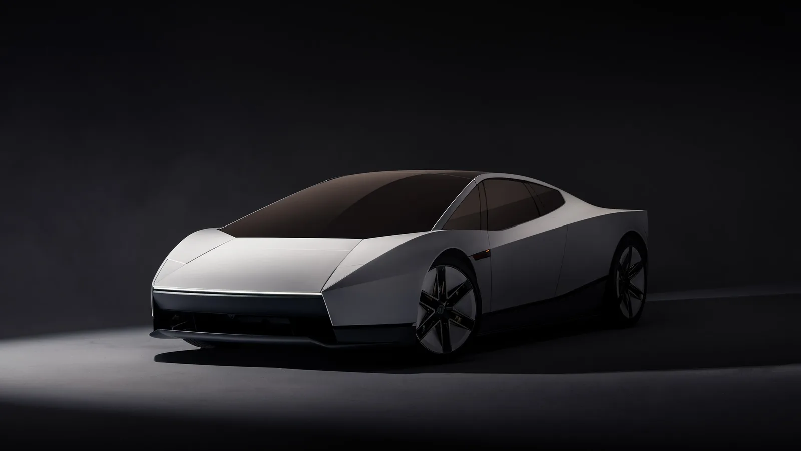 Tesla'nın resmi Roadster sayfasından: karanlık stüdyoda ışık altında duran beyaz yeni nesil Roadster